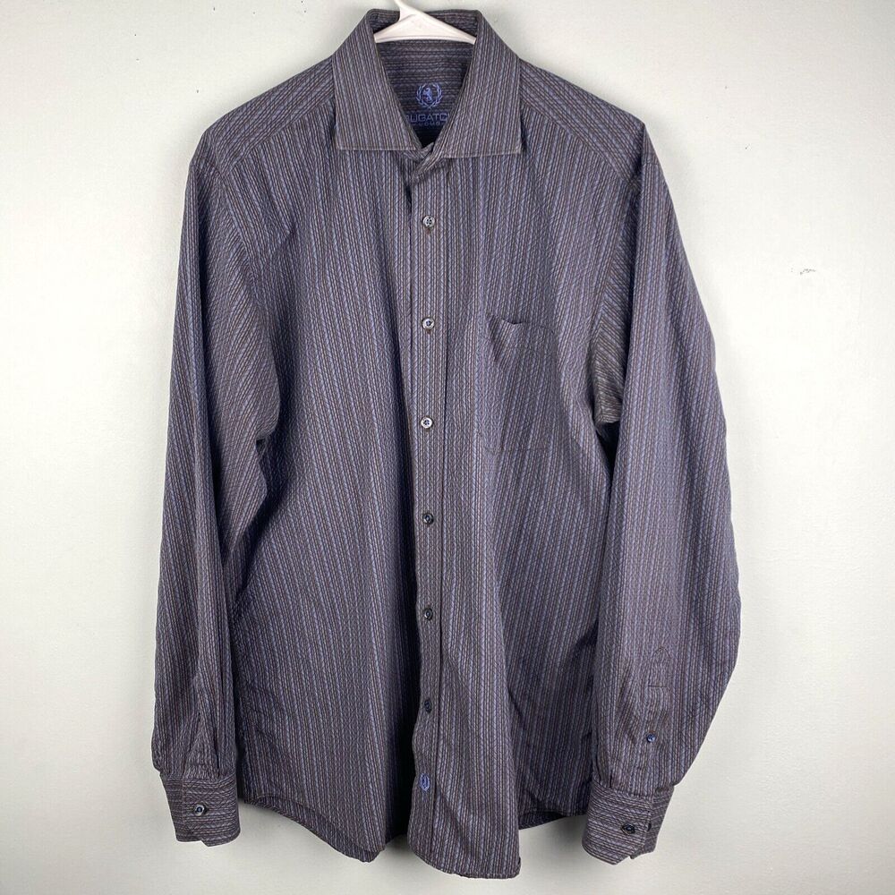 Bugatchi Uomo Mens Large L Blue/Brown Button Down Casual Long Sleeve 100% Cotton